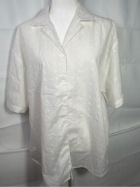Vintage Cascais 80s 90s Button Short Sleeve Eyelet Shirt Women”s Lace White 1X